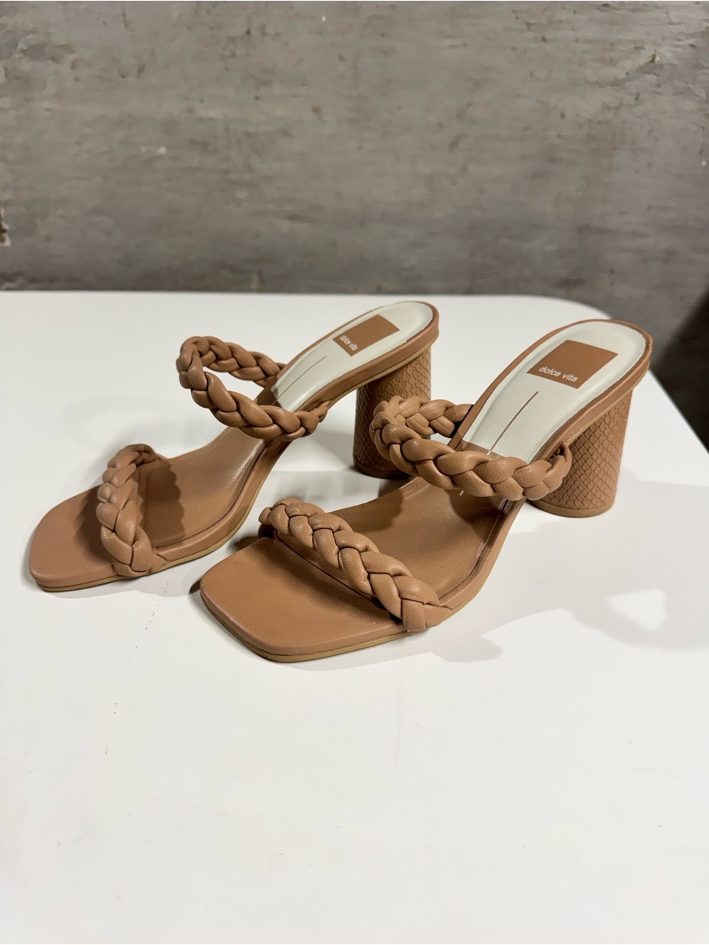 Braided Double-Strap Tan Block Heel Sandal